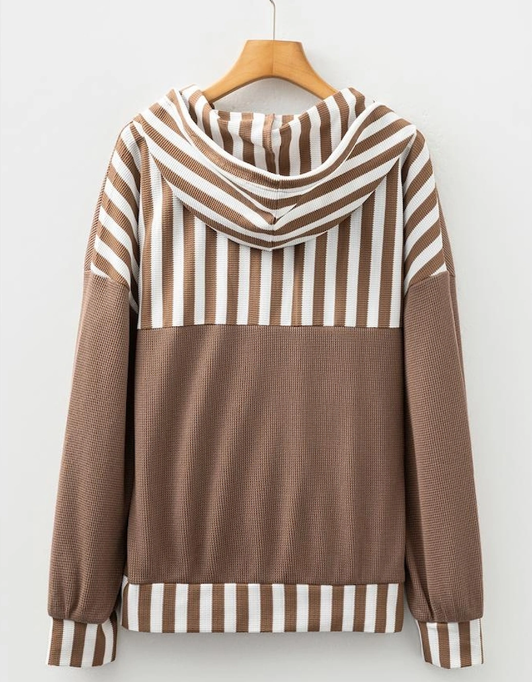 Straw Yellow Waffle Texture Striped Patchwork Button Neck Drawstring Hoodie