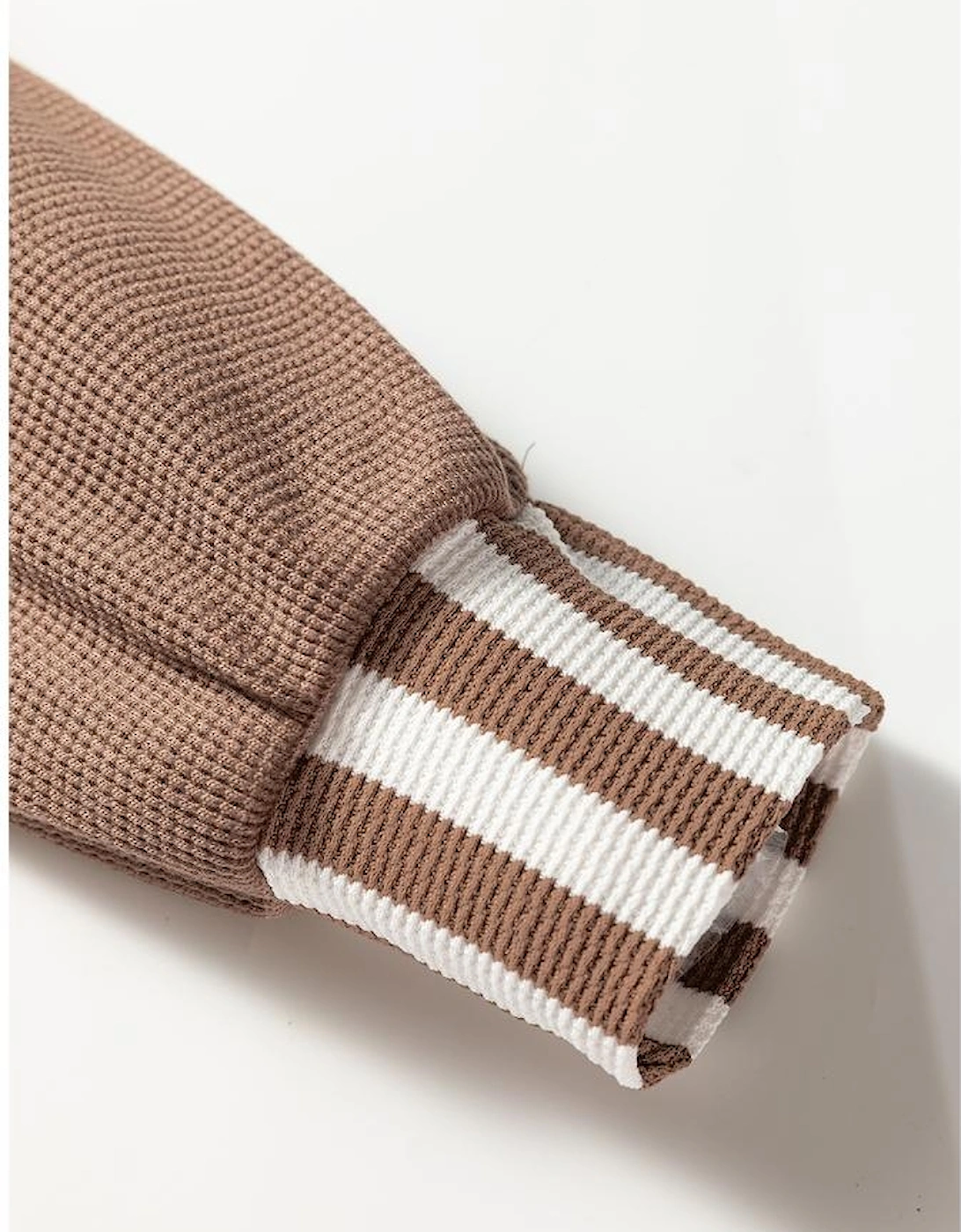 Straw Yellow Waffle Texture Striped Patchwork Button Neck Drawstring Hoodie