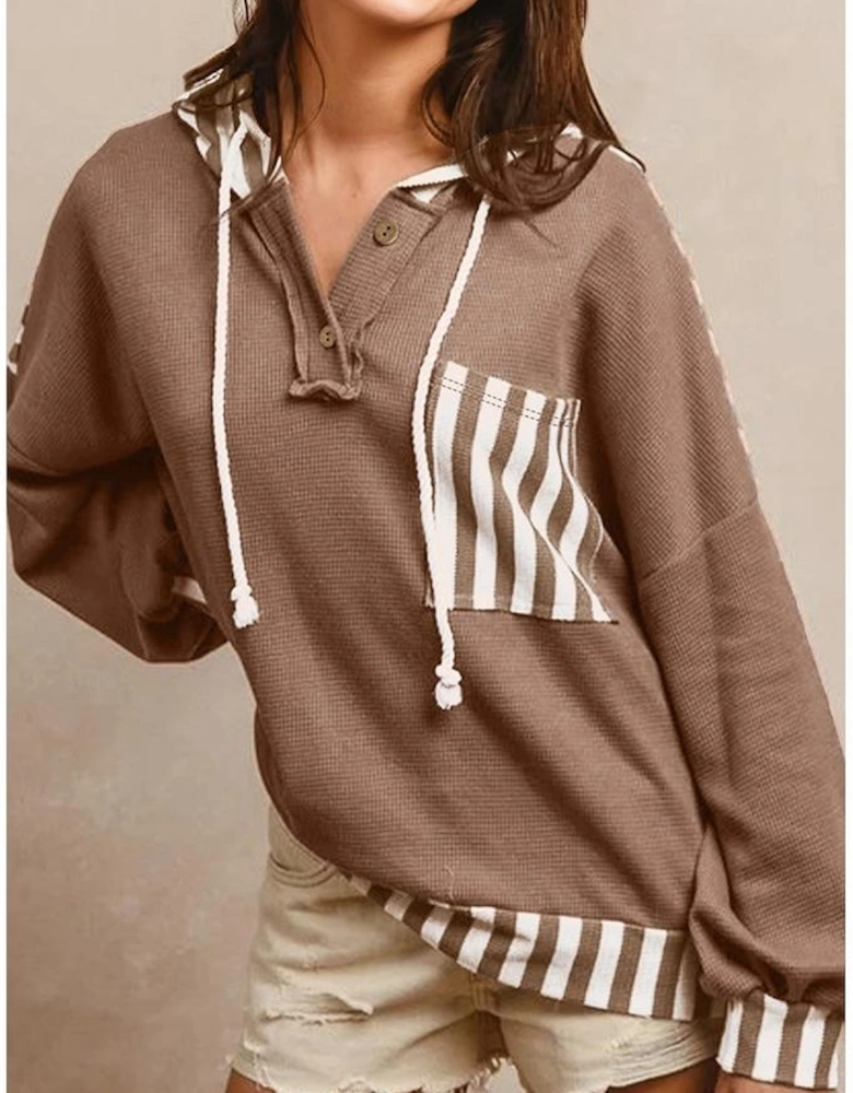 Straw Yellow Waffle Texture Striped Patchwork Button Neck Drawstring Hoodie