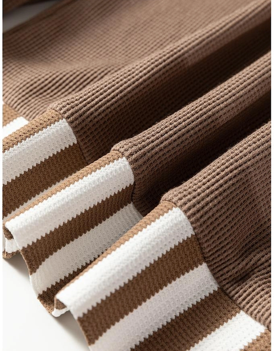 Straw Yellow Waffle Texture Striped Patchwork Button Neck Drawstring Hoodie