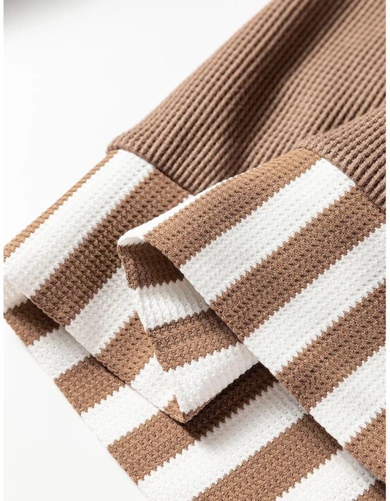 Straw Yellow Waffle Texture Striped Patchwork Button Neck Drawstring Hoodie