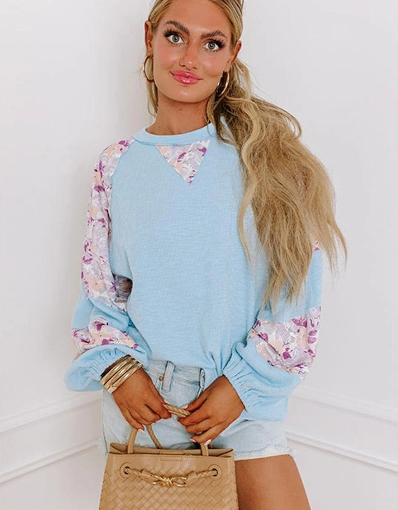 Beau Blue Textured Floral Patchwork Balloon Sleeve Blouse