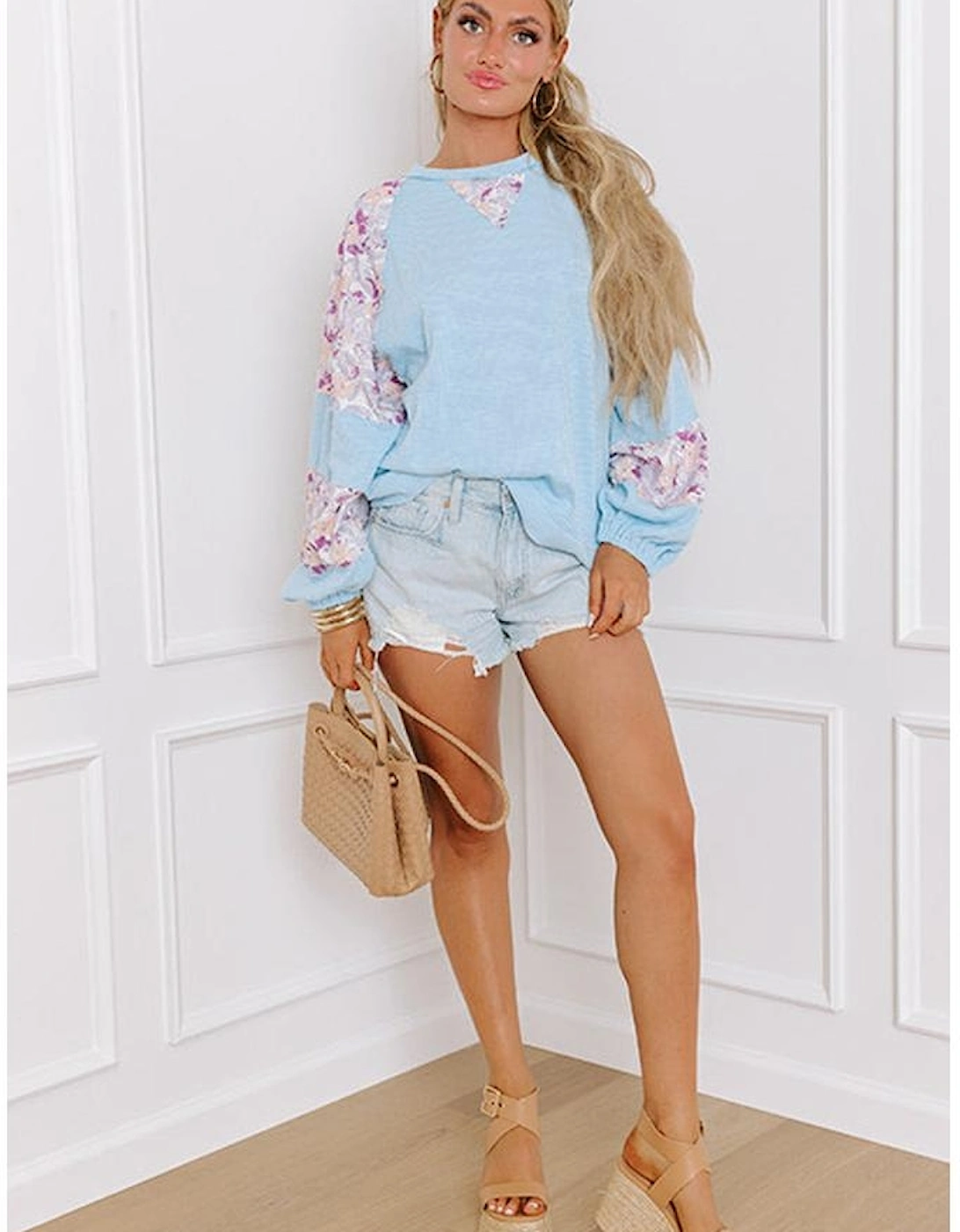 Beau Blue Textured Floral Patchwork Balloon Sleeve Blouse