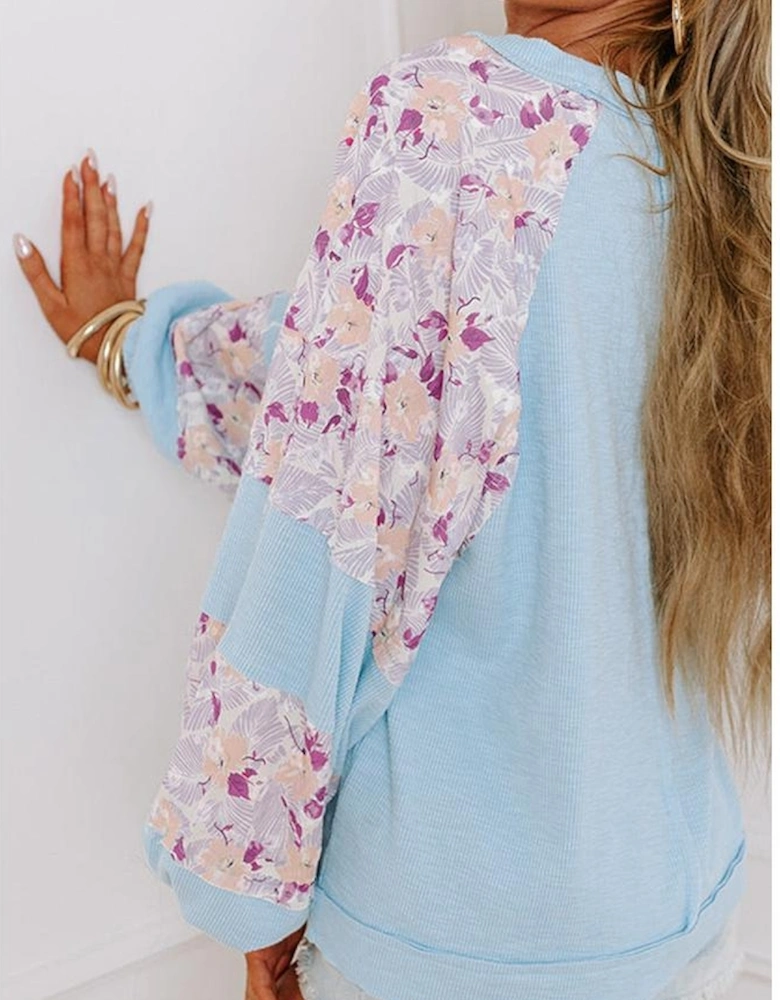 Beau Blue Textured Floral Patchwork Balloon Sleeve Blouse