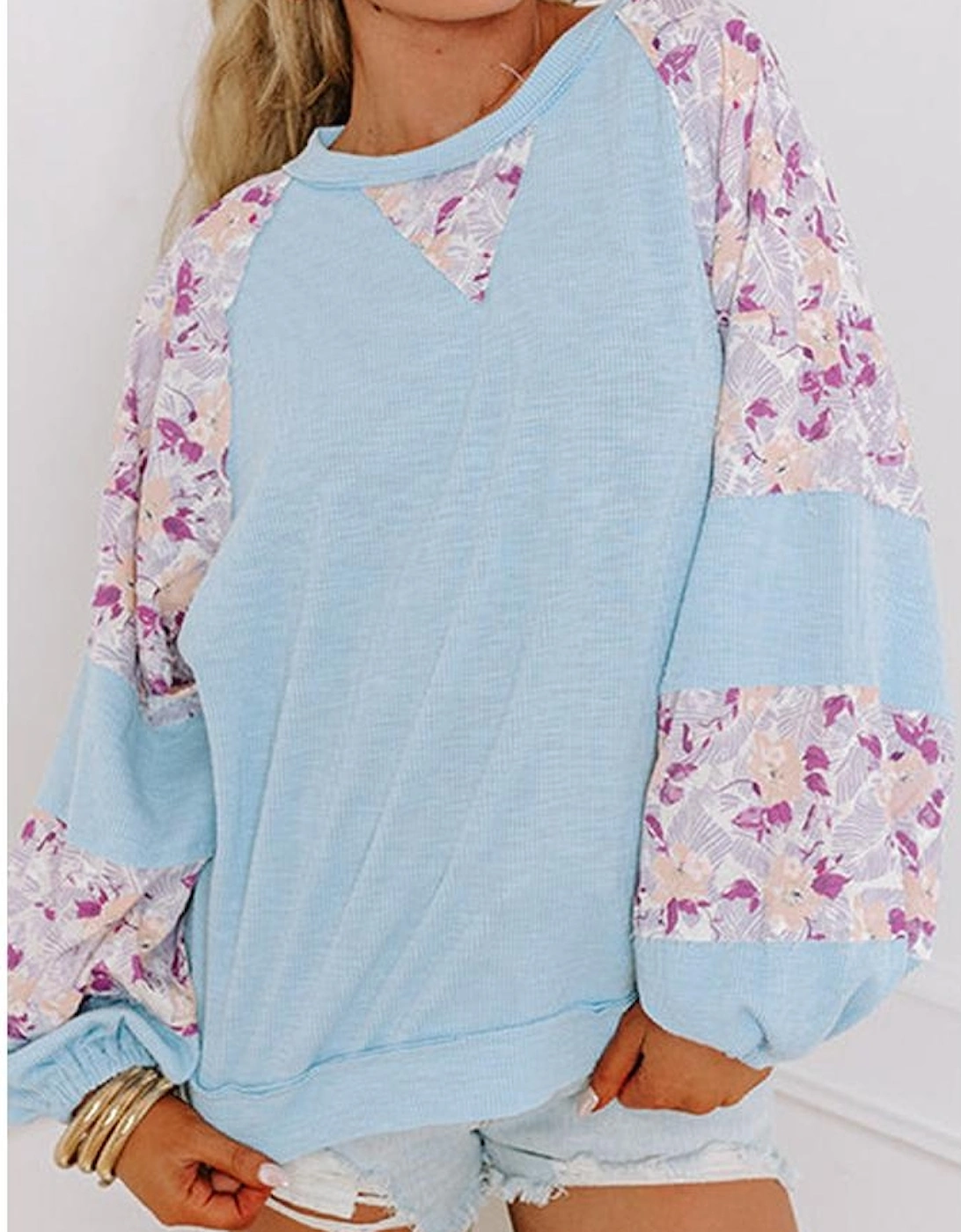 Beau Blue Textured Floral Patchwork Balloon Sleeve Blouse
