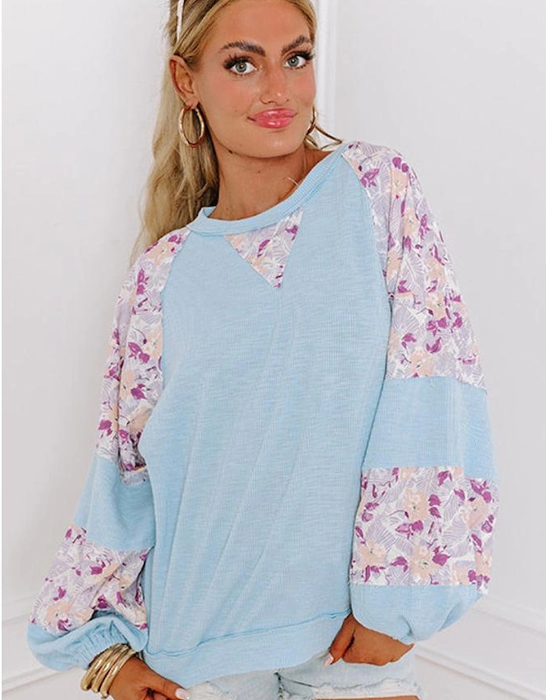 Beau Blue Textured Floral Patchwork Balloon Sleeve Blouse