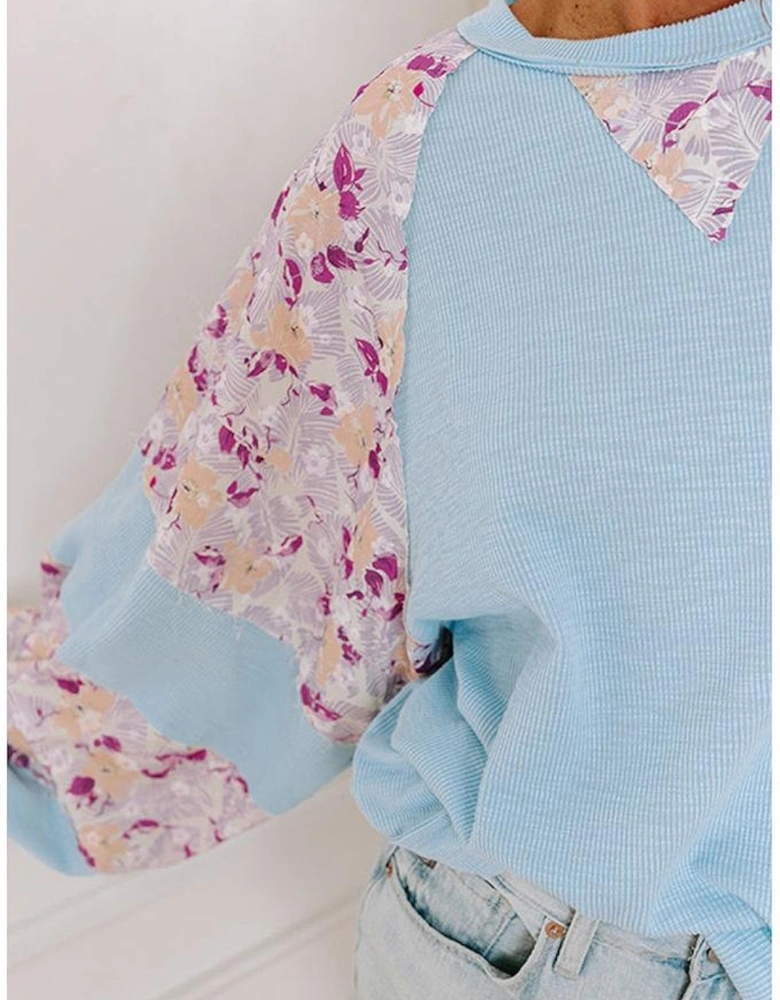 Beau Blue Textured Floral Patchwork Balloon Sleeve Blouse