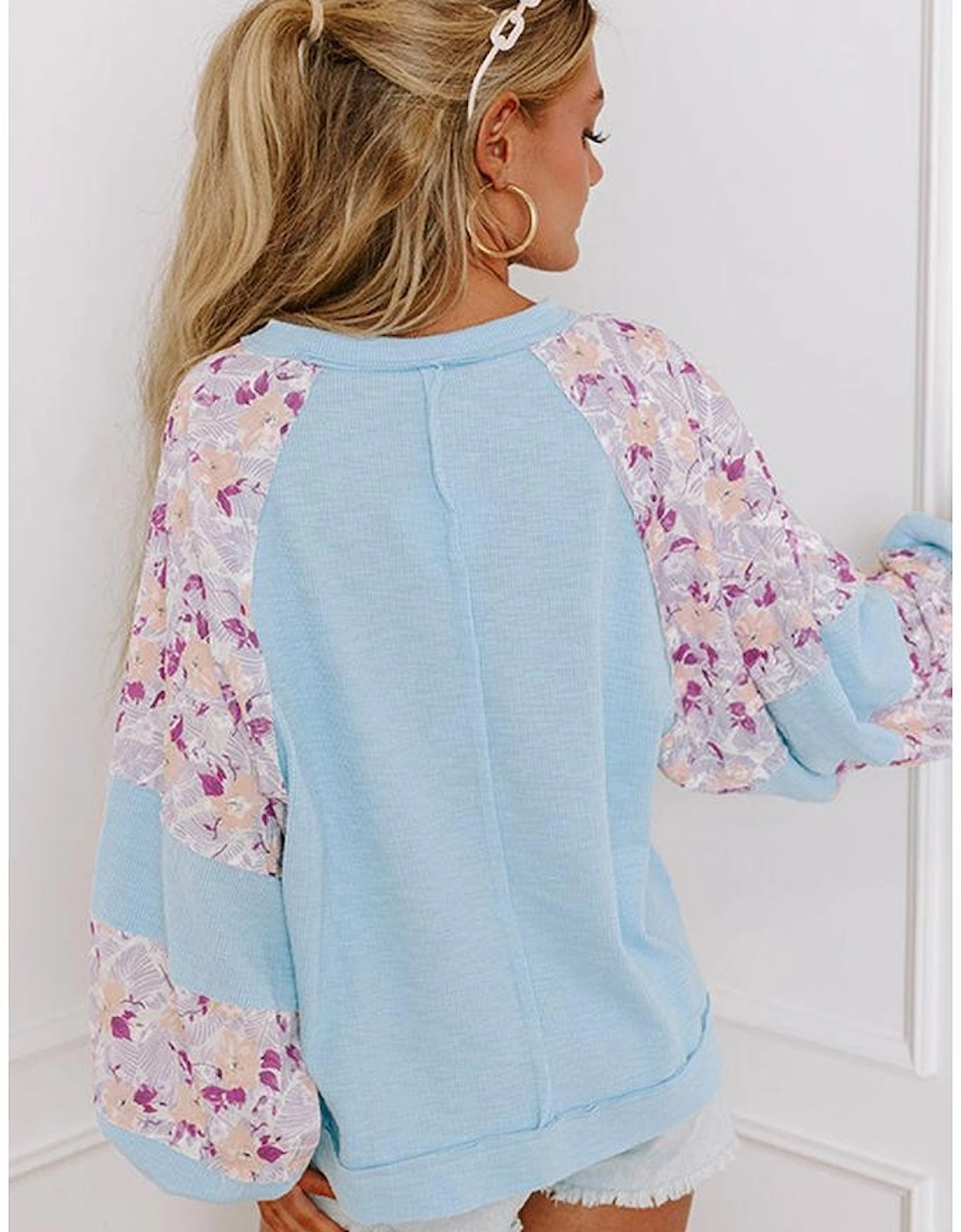 Beau Blue Textured Floral Patchwork Balloon Sleeve Blouse