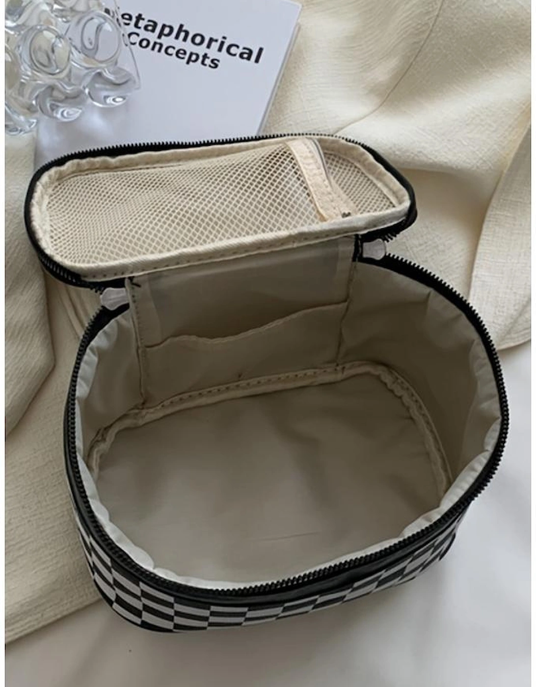 Black Checkered Zipper Large Cosmetic Bag with Handle