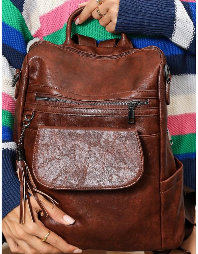 Dark Brown Tassel Decor Retro PU Large Capacity Backpack