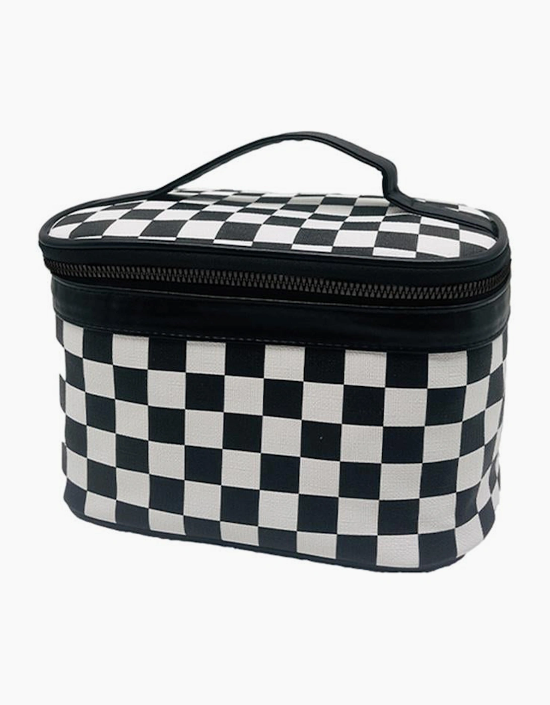 Black Checkered Zipper Large Cosmetic Bag with Handle