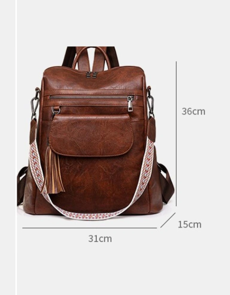 Dark Brown Tassel Decor Retro PU Large Capacity Backpack