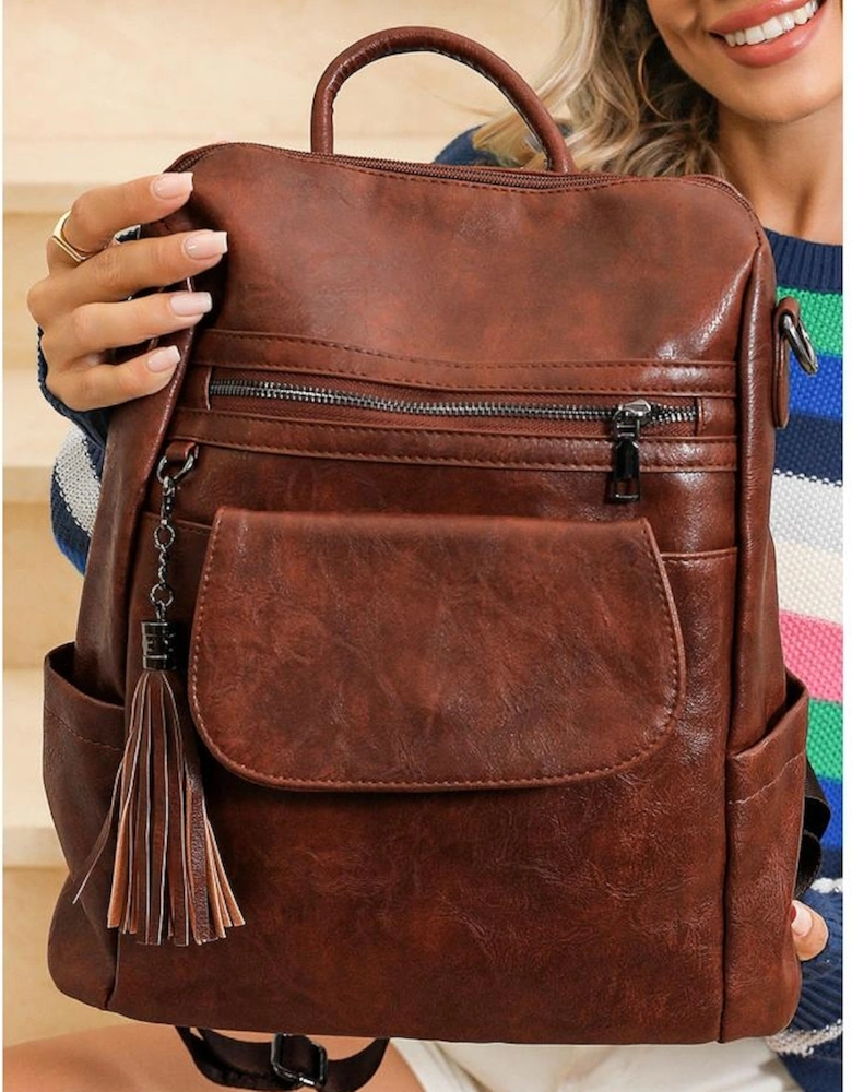 Dark Brown Tassel Decor Retro PU Large Capacity Backpack