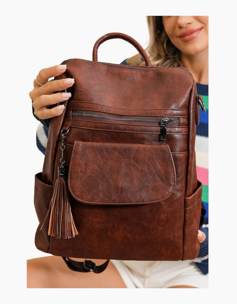 Dark Brown Tassel Decor Retro PU Large Capacity Backpack