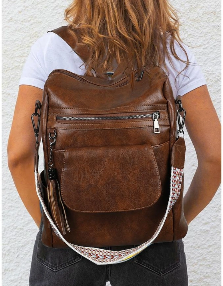 Dark Brown Tassel Decor Retro PU Large Capacity Backpack