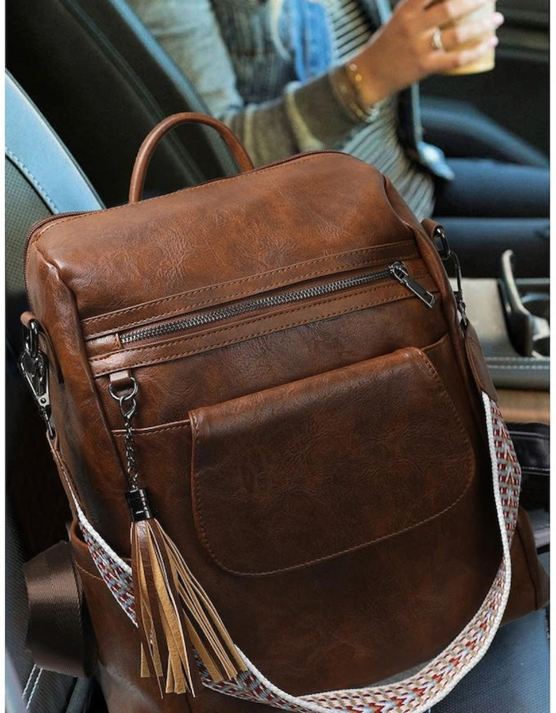 Dark Brown Tassel Decor Retro PU Large Capacity Backpack