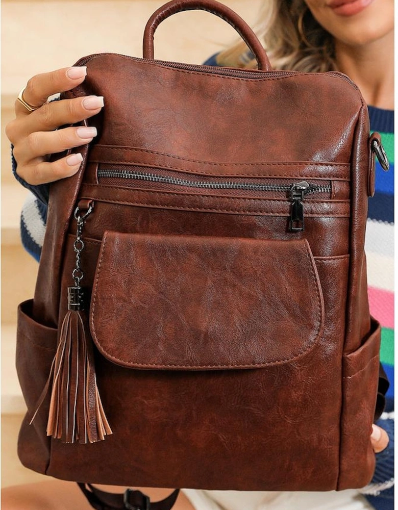 Dark Brown Tassel Decor Retro PU Large Capacity Backpack