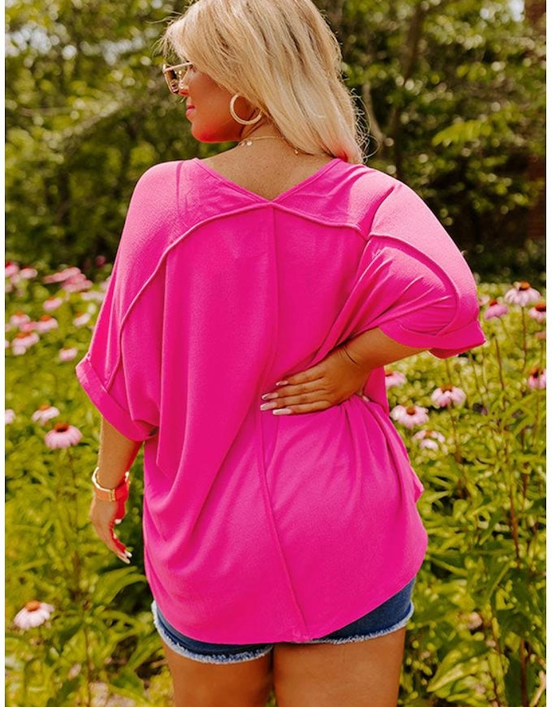 Bright Pink Seamed Back High Low Hem V Neck Cuffed Sleeve Plus Size Tee, 7 of 6
