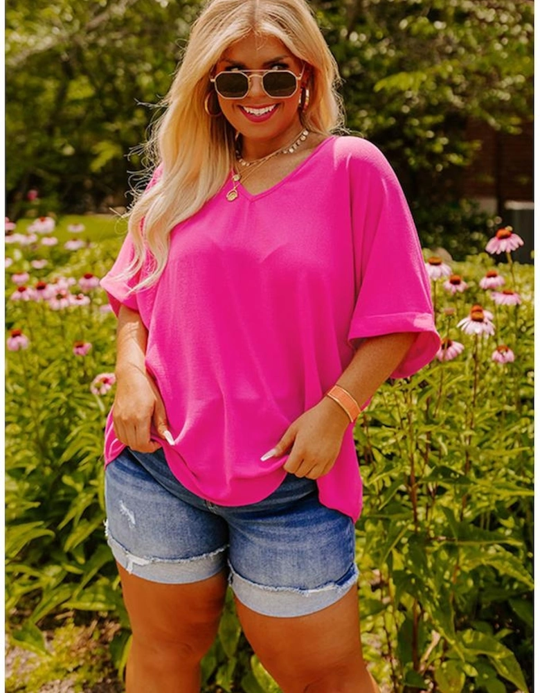 Bright Pink Seamed Back High Low Hem V Neck Cuffed Sleeve Plus Size Tee