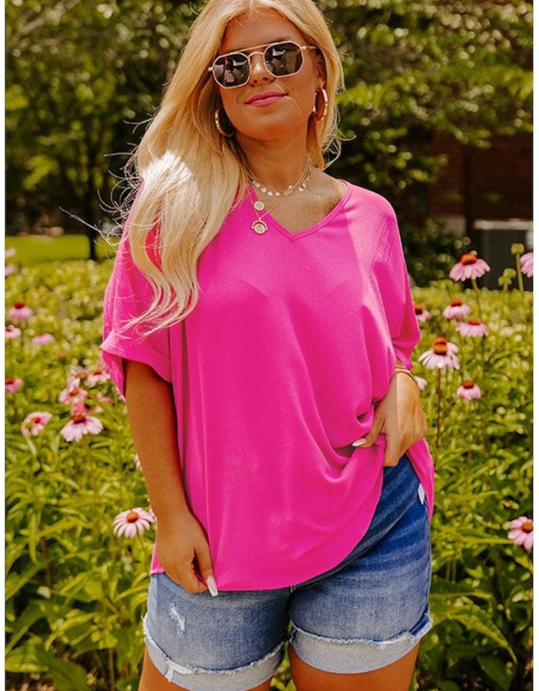 Bright Pink Seamed Back High Low Hem V Neck Cuffed Sleeve Plus Size Tee