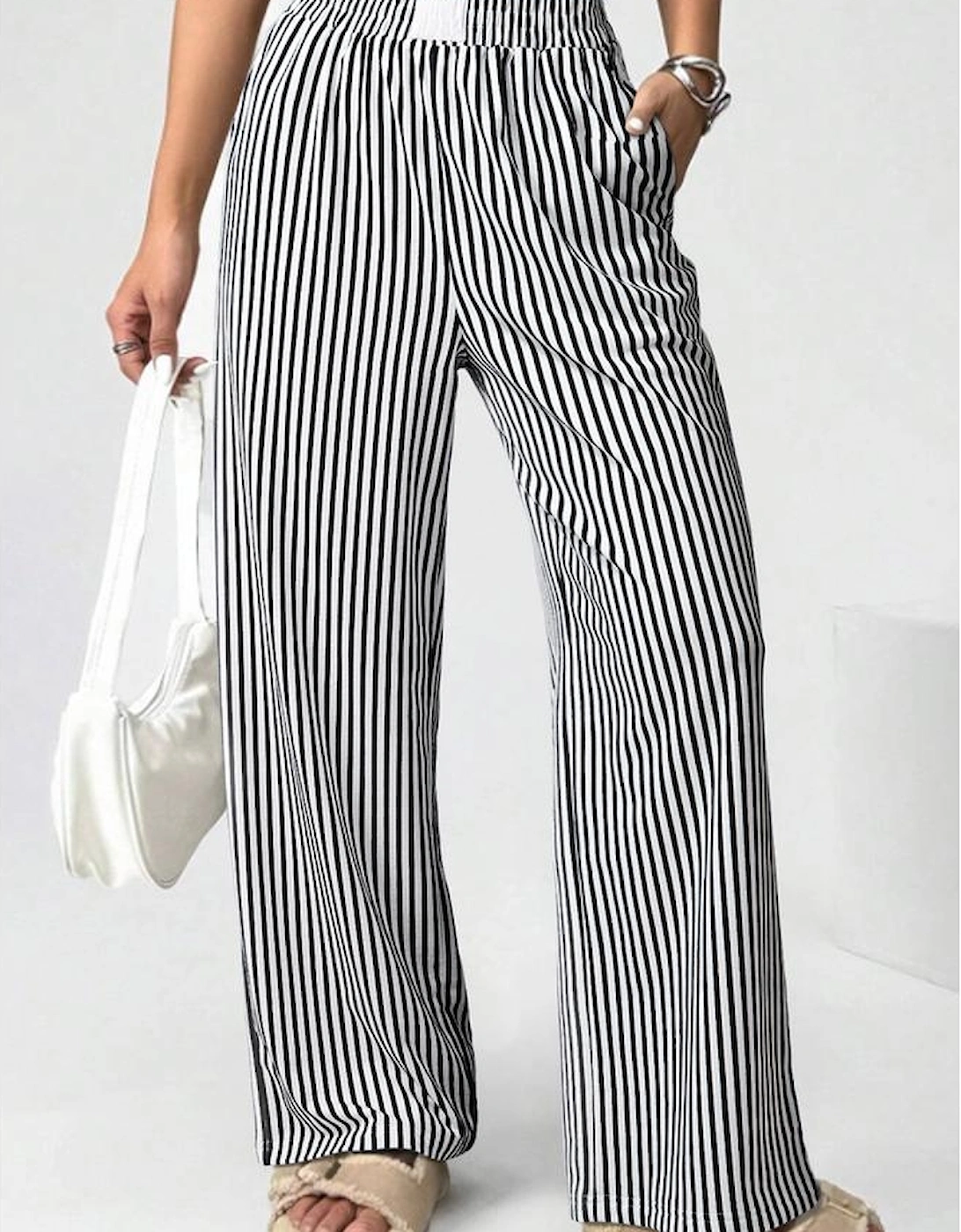 Black Stripe Elastic High Waist Pocketed Loose Pants