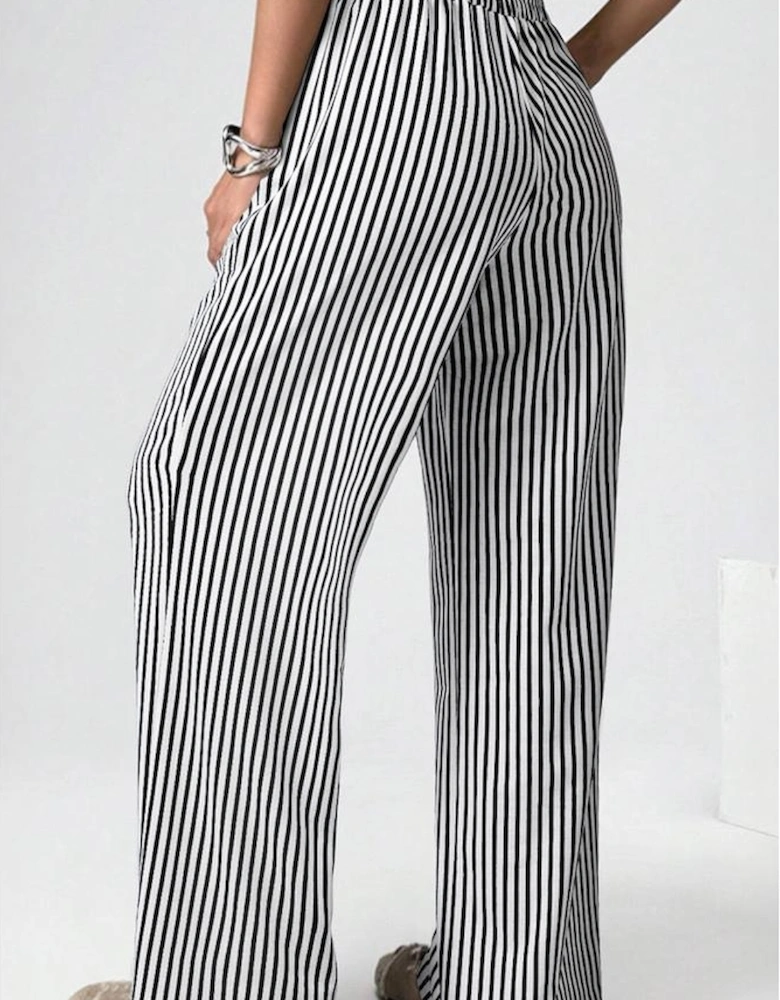 Black Stripe Elastic High Waist Pocketed Loose Pants