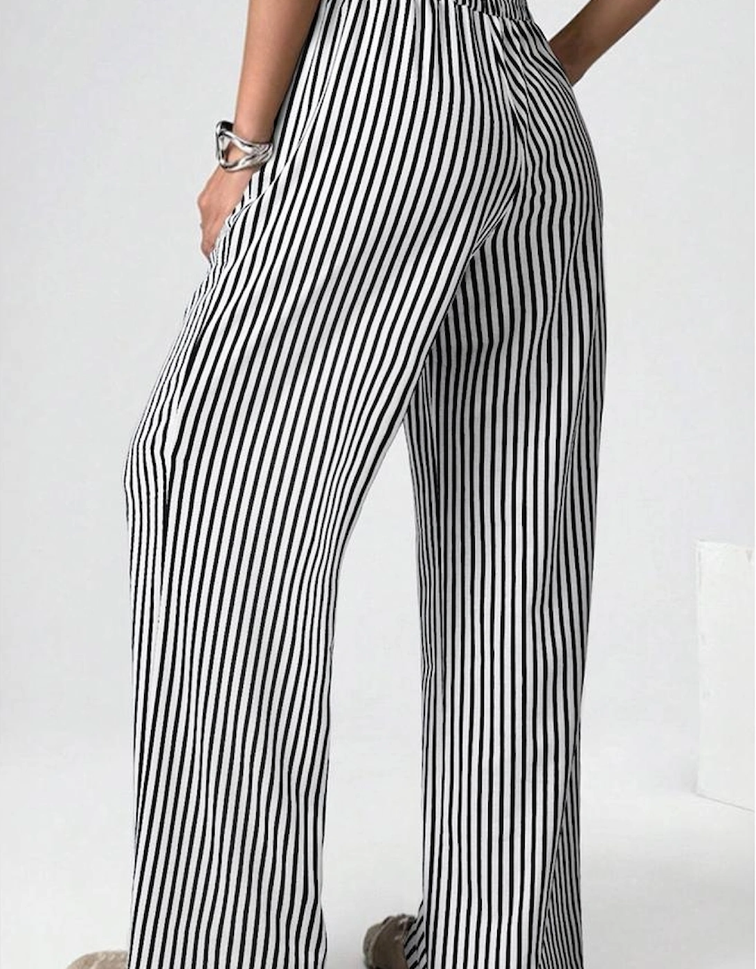 Black Stripe Elastic High Waist Pocketed Loose Pants, 3 of 2