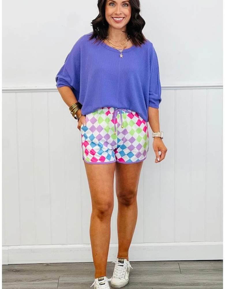 Multicolour Checkered Drawstring Elastic Waist Casual Shorts