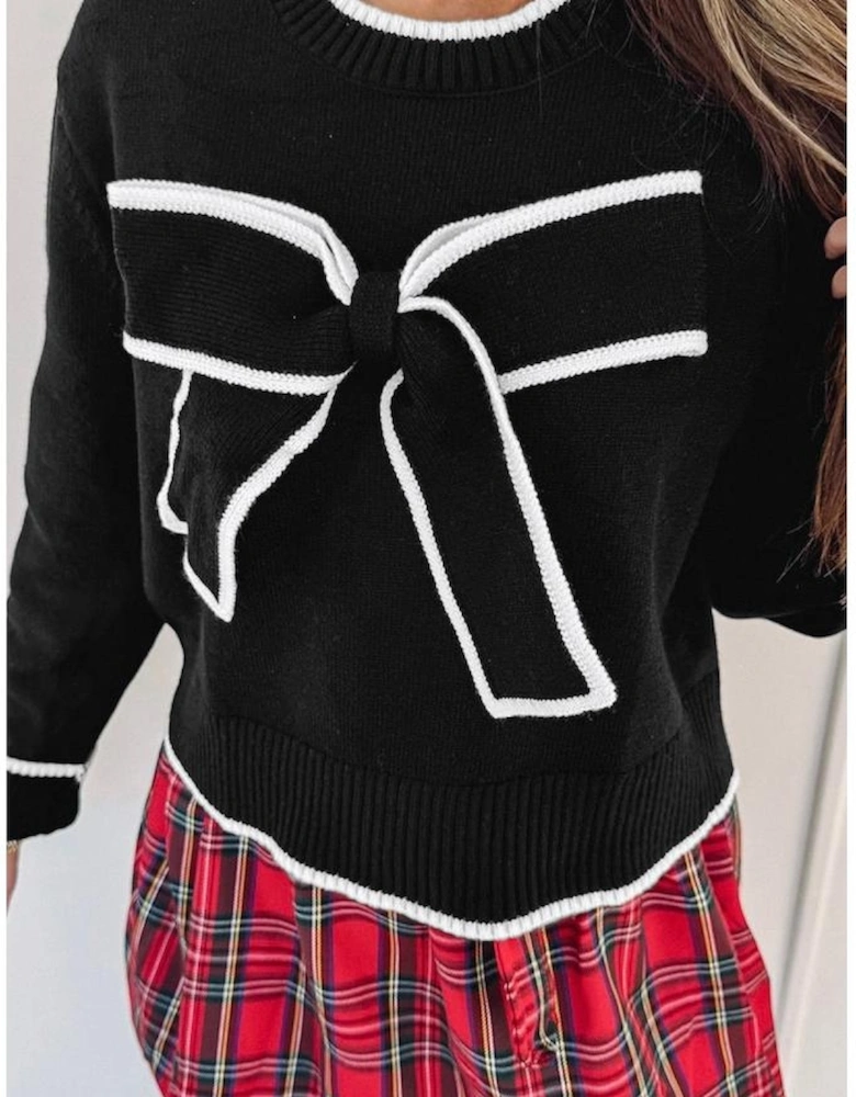 Black Contrast Trim Big Bow Accent Holiday Cropped Sweater