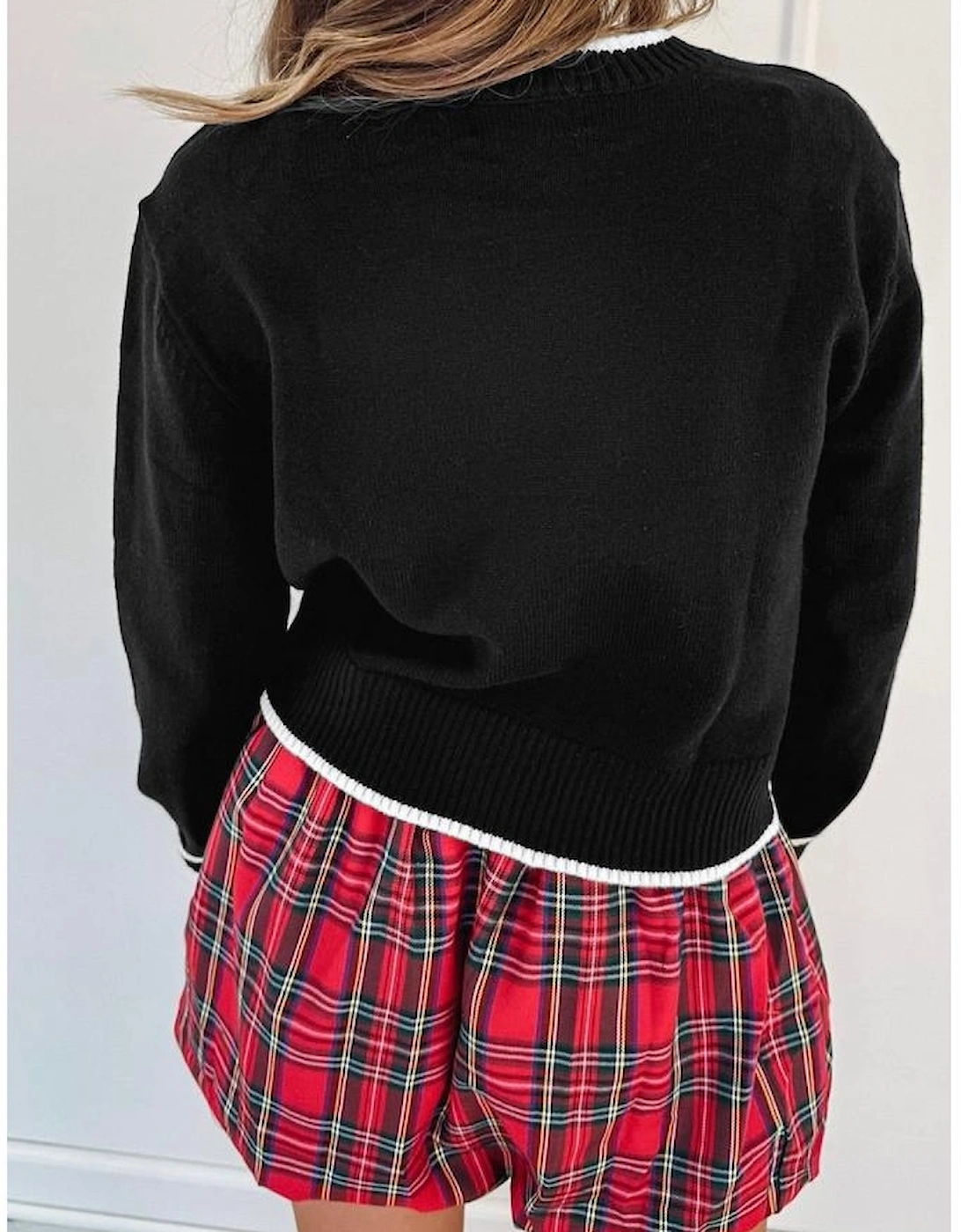 Black Contrast Trim Big Bow Accent Holiday Cropped Sweater, 12 of 11