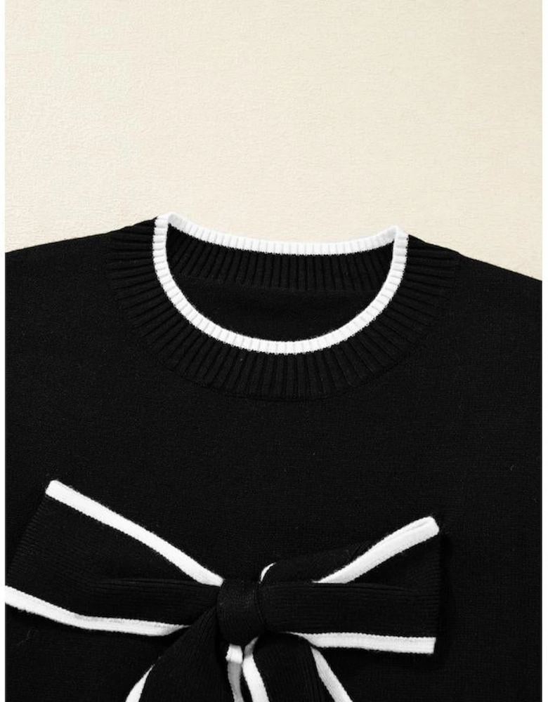 Black Contrast Trim Big Bow Accent Holiday Cropped Sweater