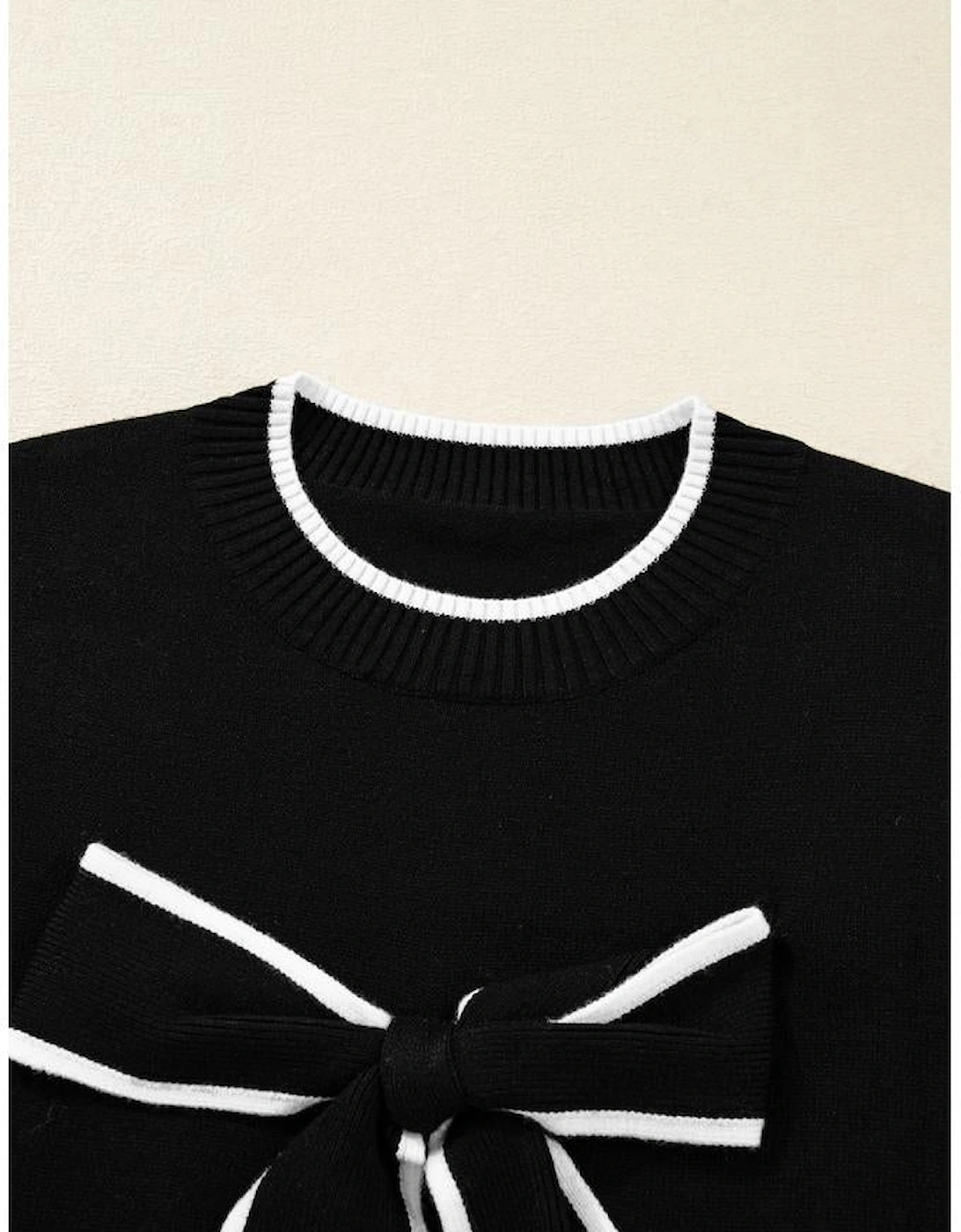 Black Contrast Trim Big Bow Accent Holiday Cropped Sweater