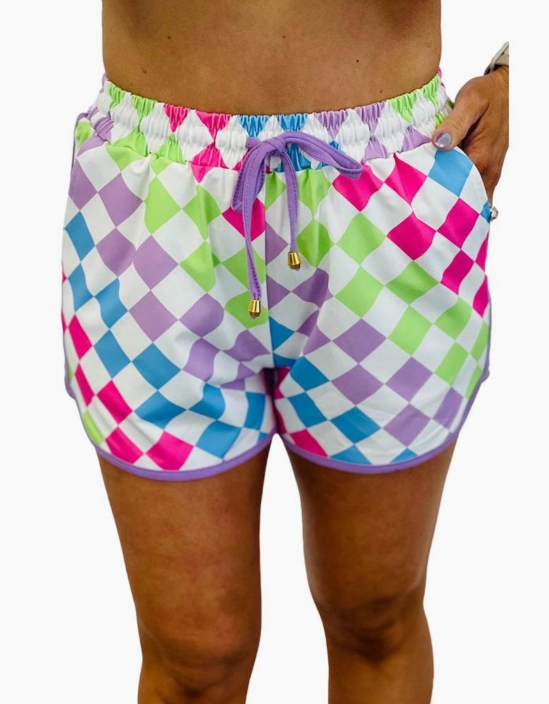 Multicolour Checkered Drawstring Elastic Waist Casual Shorts