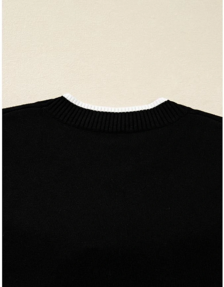 Black Contrast Trim Big Bow Accent Holiday Cropped Sweater