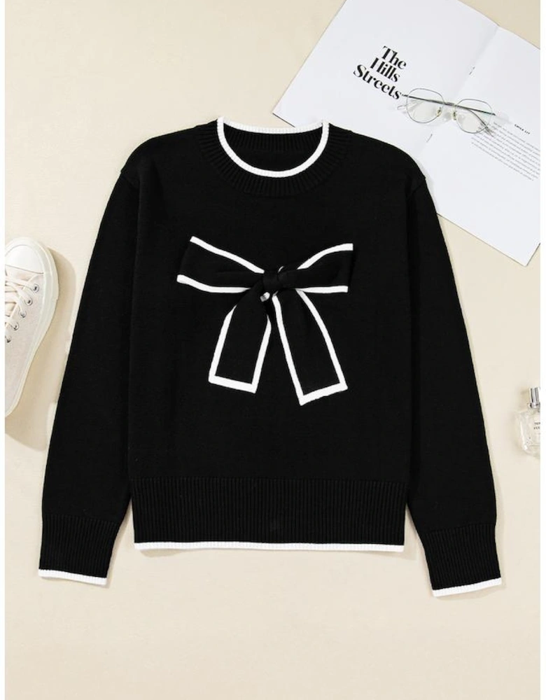 Black Contrast Trim Big Bow Accent Holiday Cropped Sweater