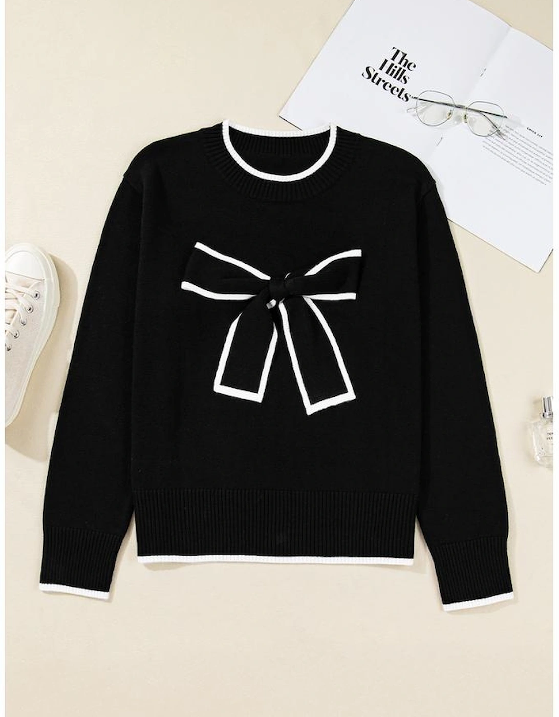 Black Contrast Trim Big Bow Accent Holiday Cropped Sweater