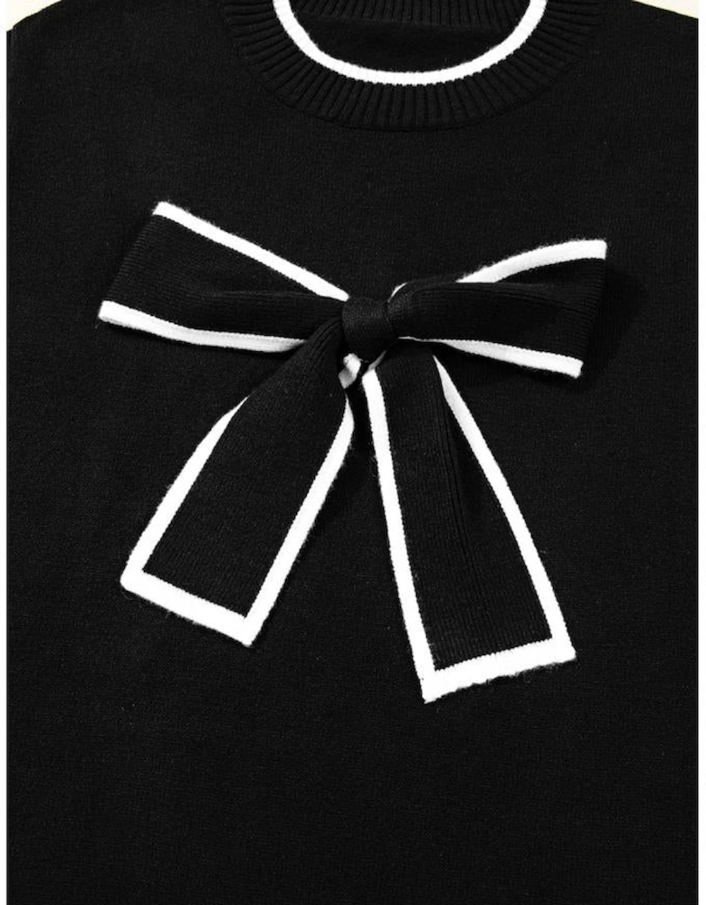 Black Contrast Trim Big Bow Accent Holiday Cropped Sweater