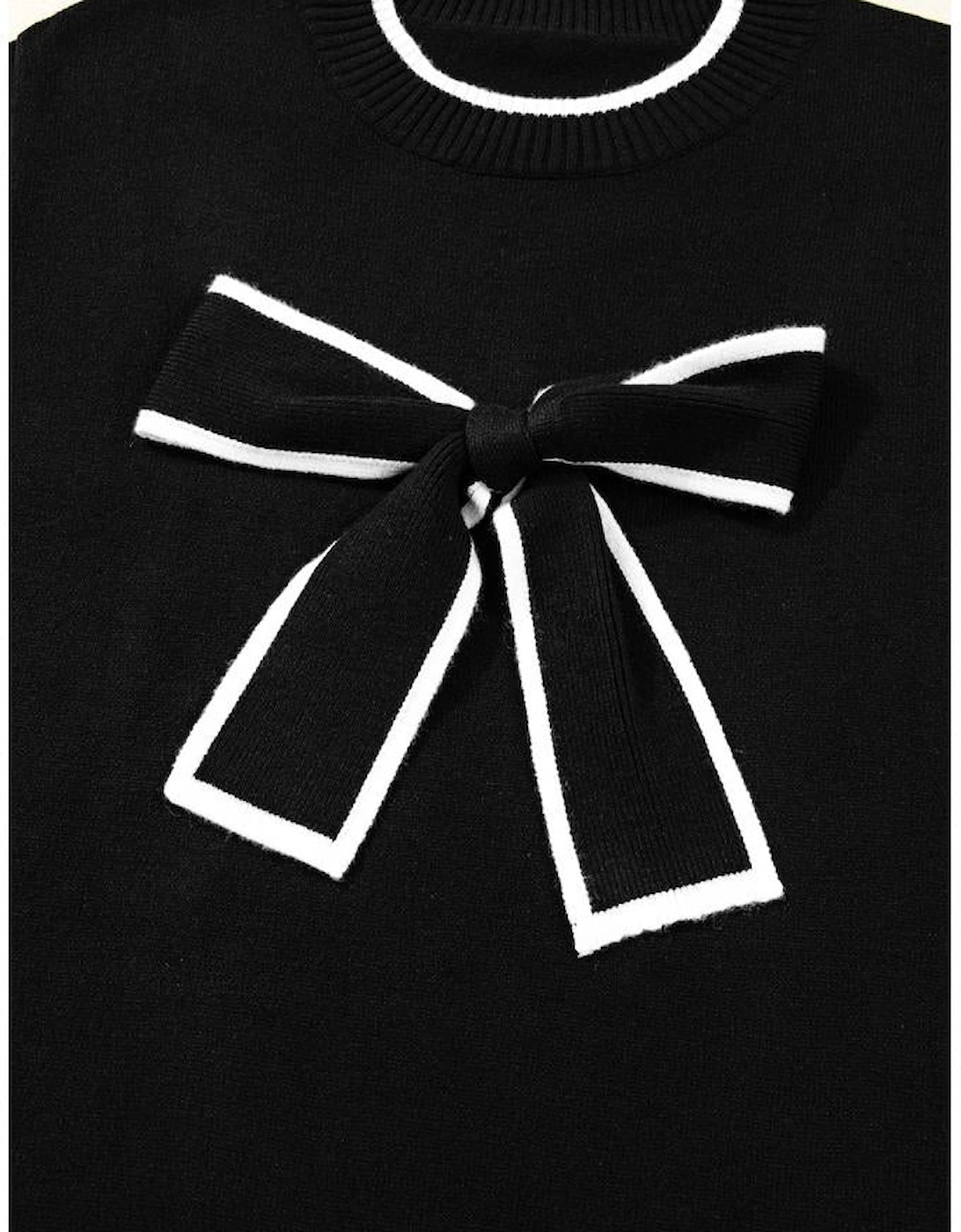 Black Contrast Trim Big Bow Accent Holiday Cropped Sweater