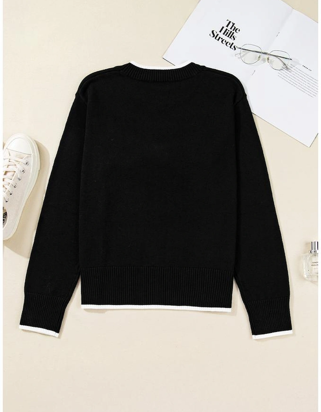 Black Contrast Trim Big Bow Accent Holiday Cropped Sweater