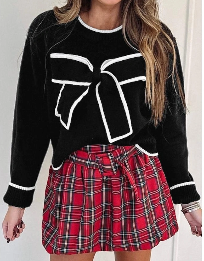 Black Contrast Trim Big Bow Accent Holiday Cropped Sweater