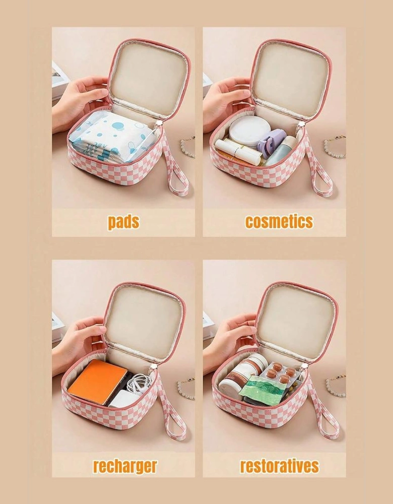 Light Pink Checkered Pattern Small Cosmetic Bag