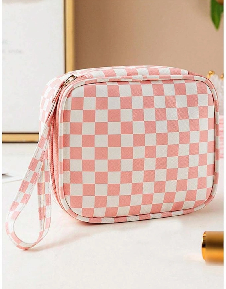 Light Pink Checkered Pattern Small Cosmetic Bag