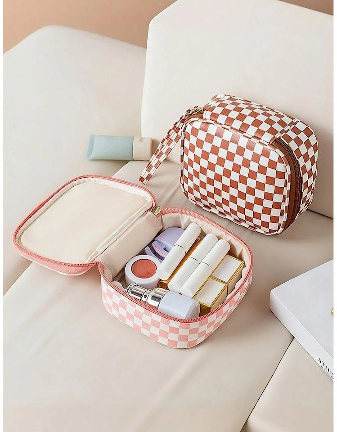 Light Pink Checkered Pattern Small Cosmetic Bag