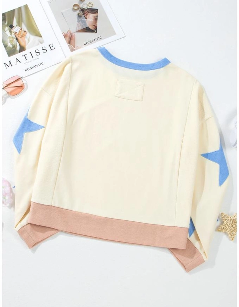 Beige Game Day Graphic Starry Patched Sleeve Contrast Trim Casual Sweatshirt