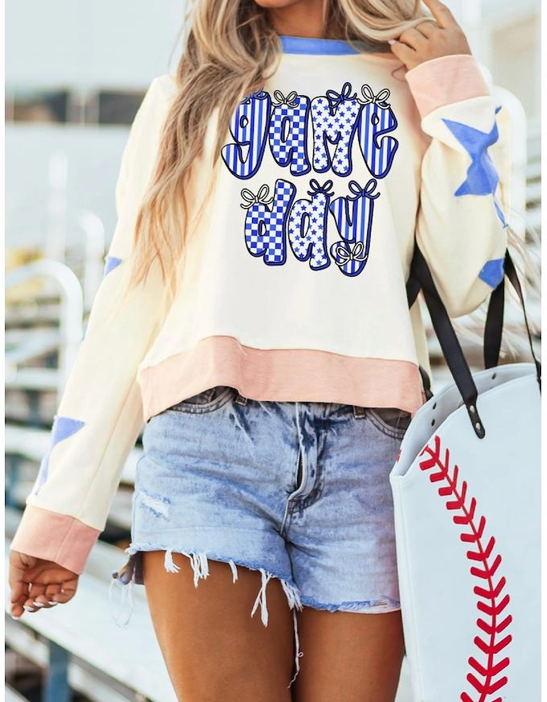 Beige Game Day Graphic Starry Patched Sleeve Contrast Trim Casual Sweatshirt