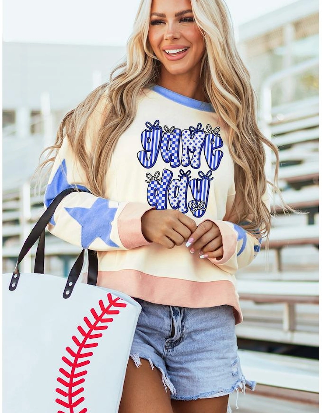 Beige Game Day Graphic Starry Patched Sleeve Contrast Trim Casual Sweatshirt, 7 of 6