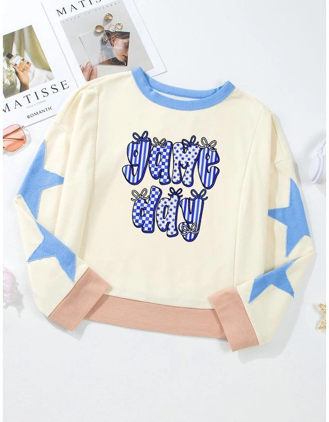 Beige Game Day Graphic Starry Patched Sleeve Contrast Trim Casual Sweatshirt