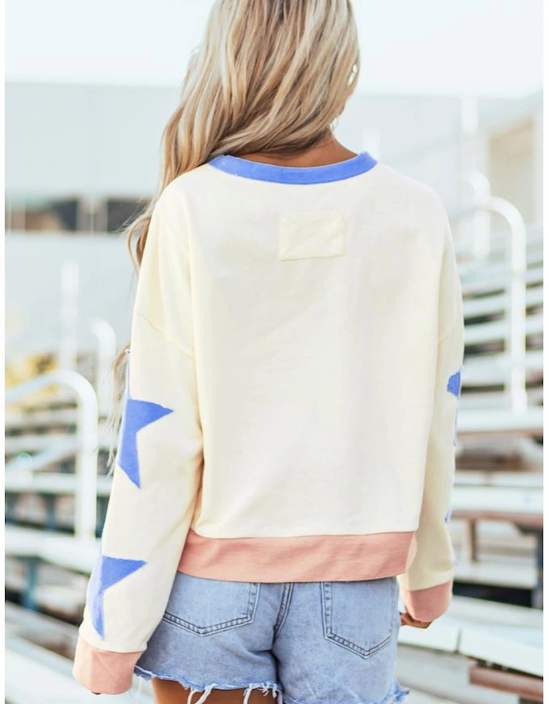 Beige Sequin Rugby Graphic Starry Patched Contrast Trim Game Day Sweatshirt