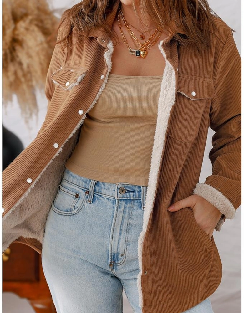 Cinnamon Fleece Lined Buttoned Flap Pockets Corduroy Jacket