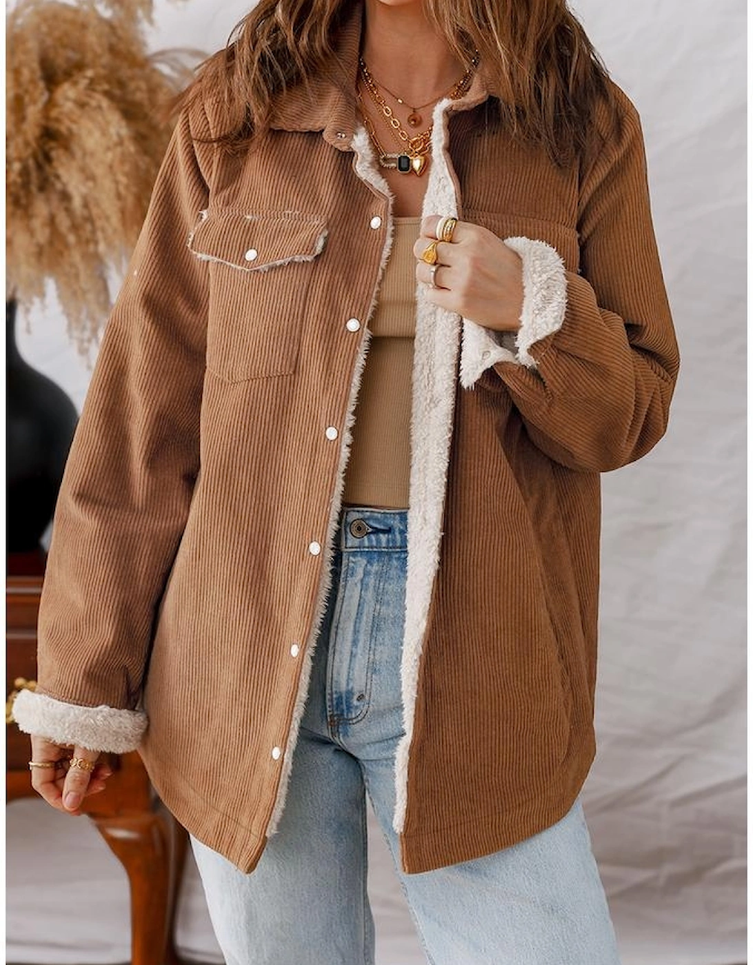 Cinnamon Fleece Lined Buttoned Flap Pockets Corduroy Jacket